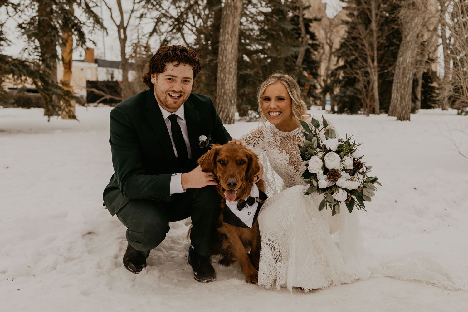 Winter wedding portrait featuring newlyweds posing with their brown dog in formal attire.