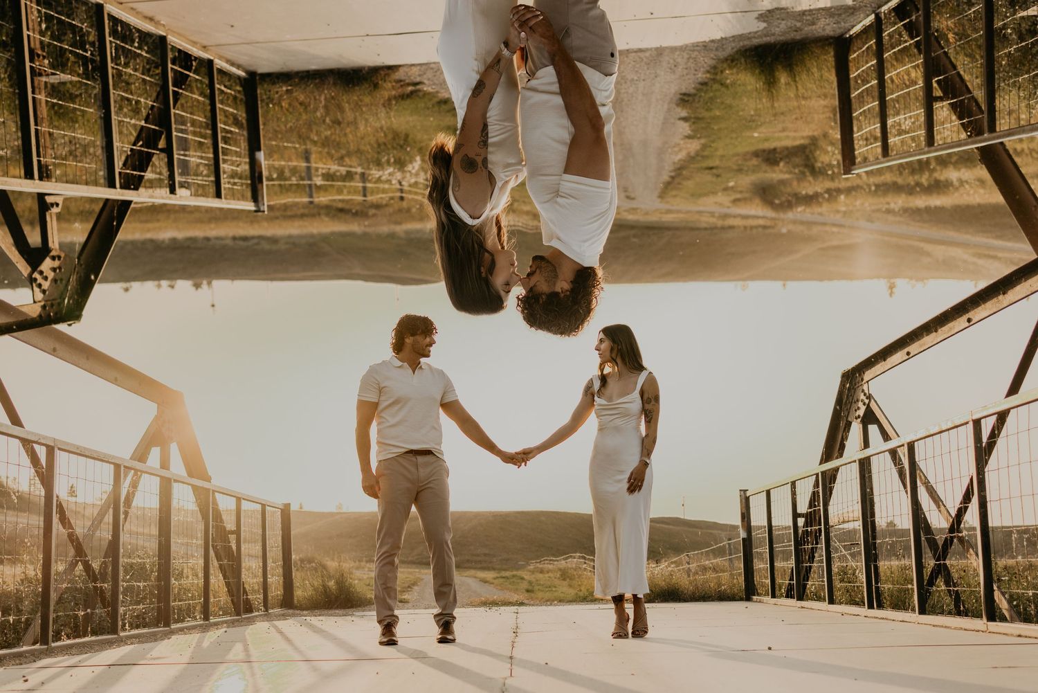 Multiple romantic shots of a couple embracing outdoors in warm evening sunlight.