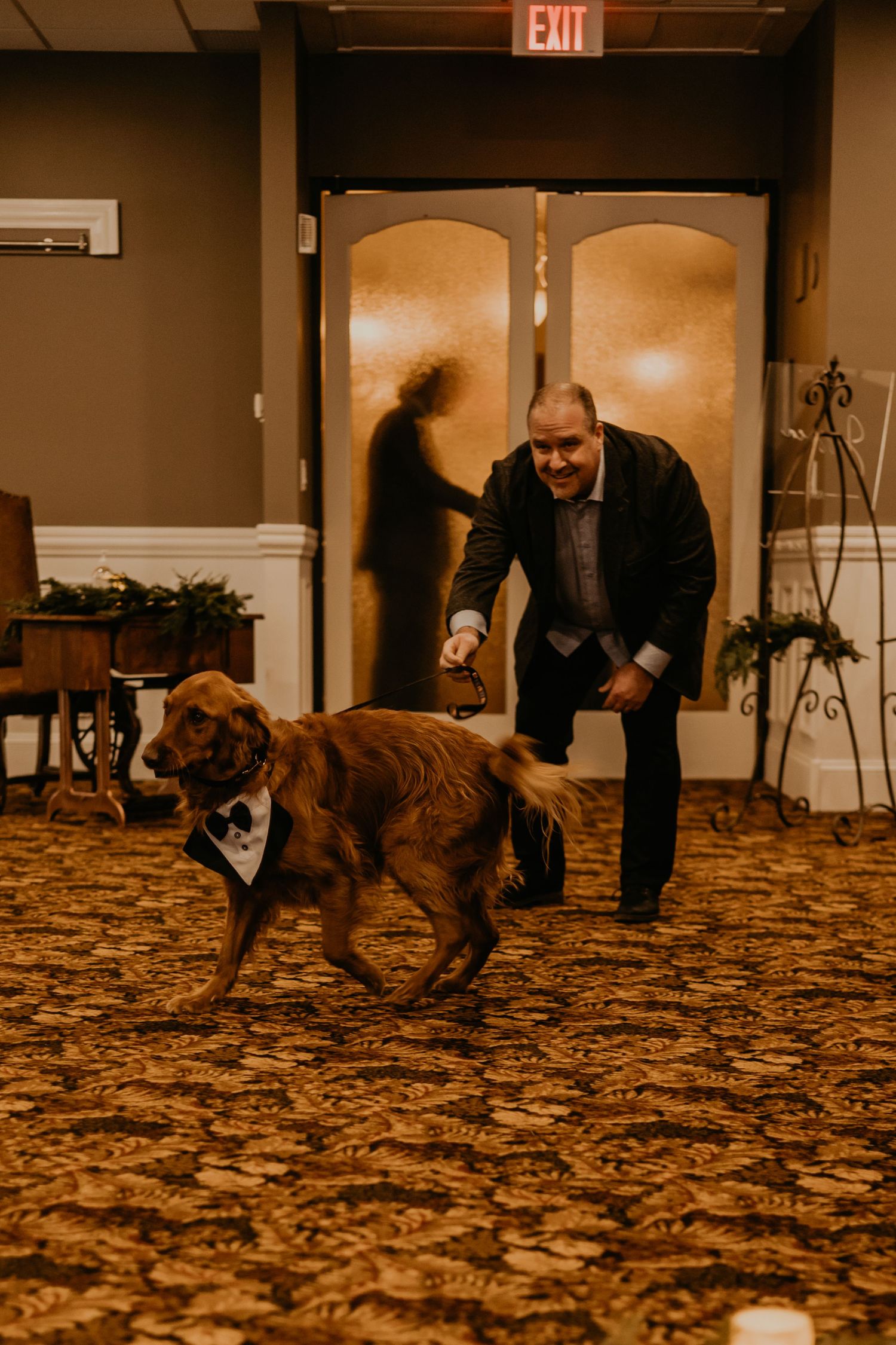 A golden retriever in a bowtie walks across a patterned carpet in a wedding venue.