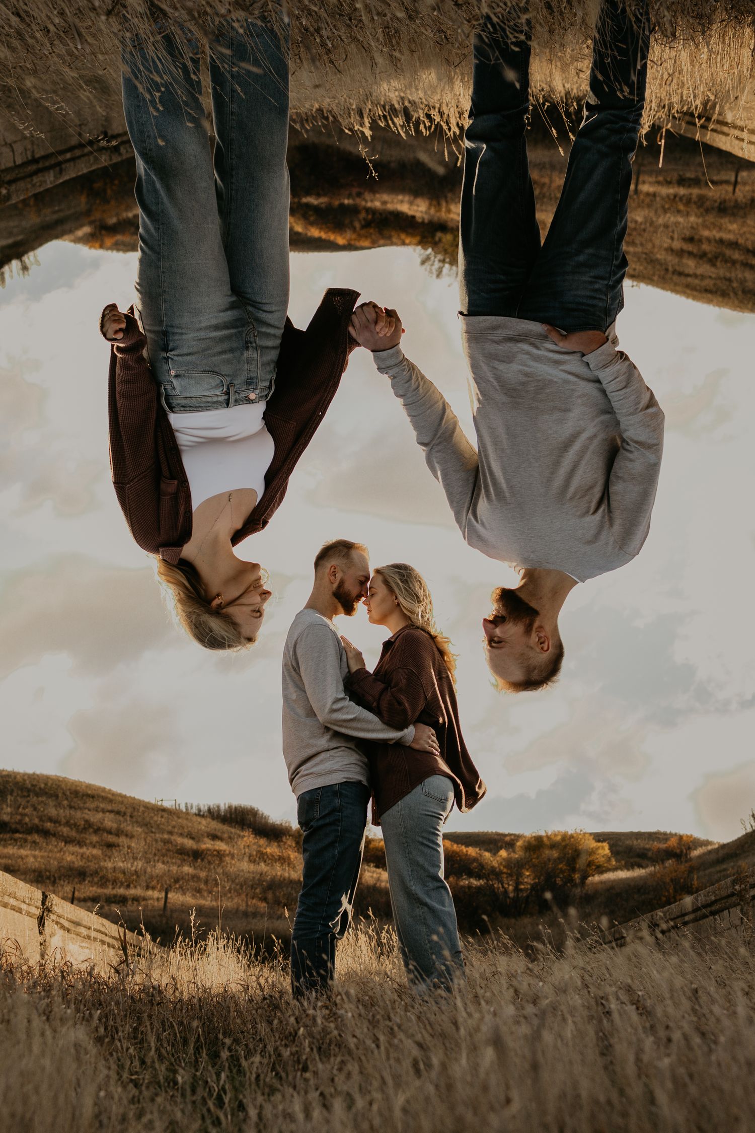 Creative upside down double exposure portrait in rustic outdoor setting at sunset.