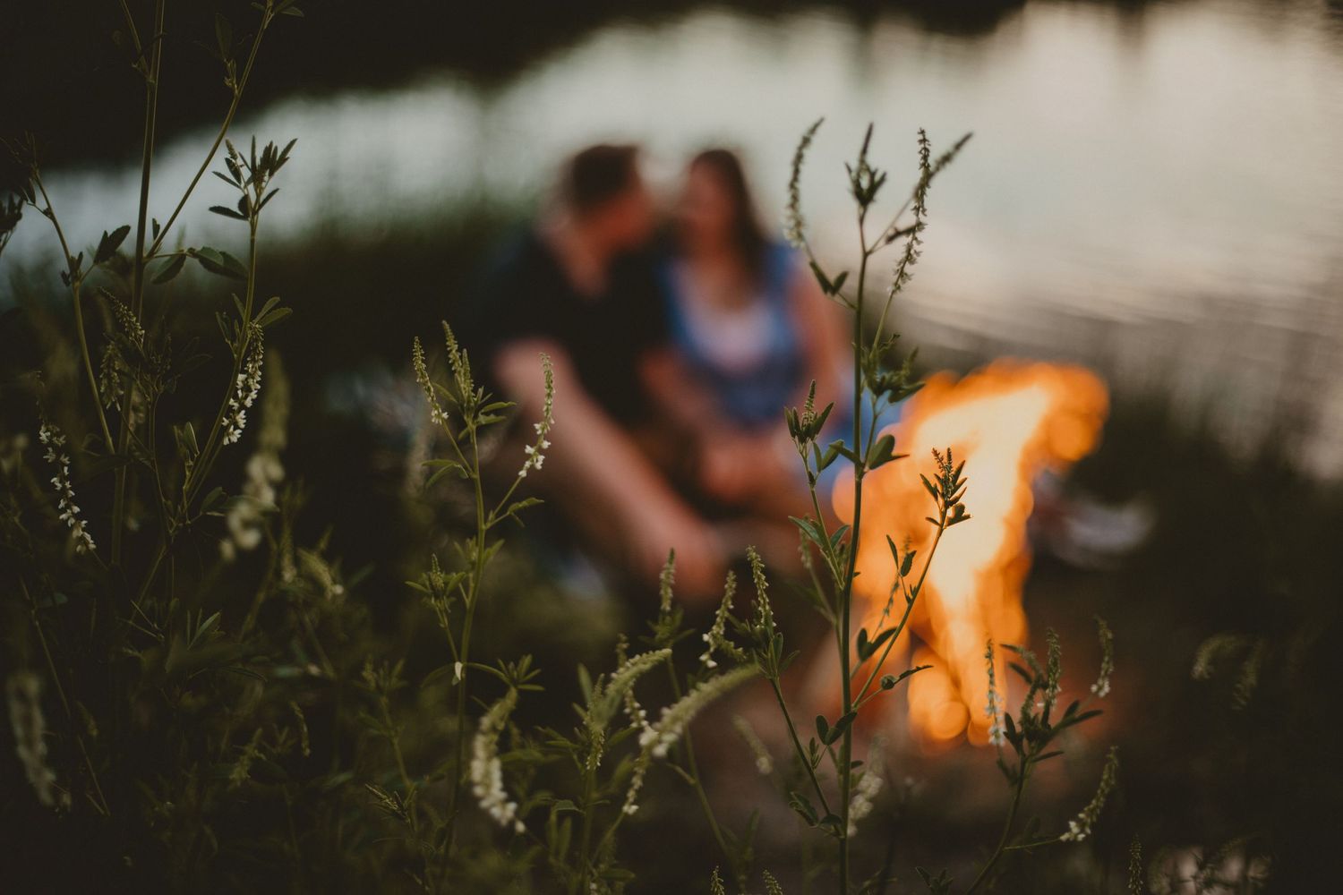 A romantic couple silhouetted by a lake at sunset with wildflowers in the foreground.