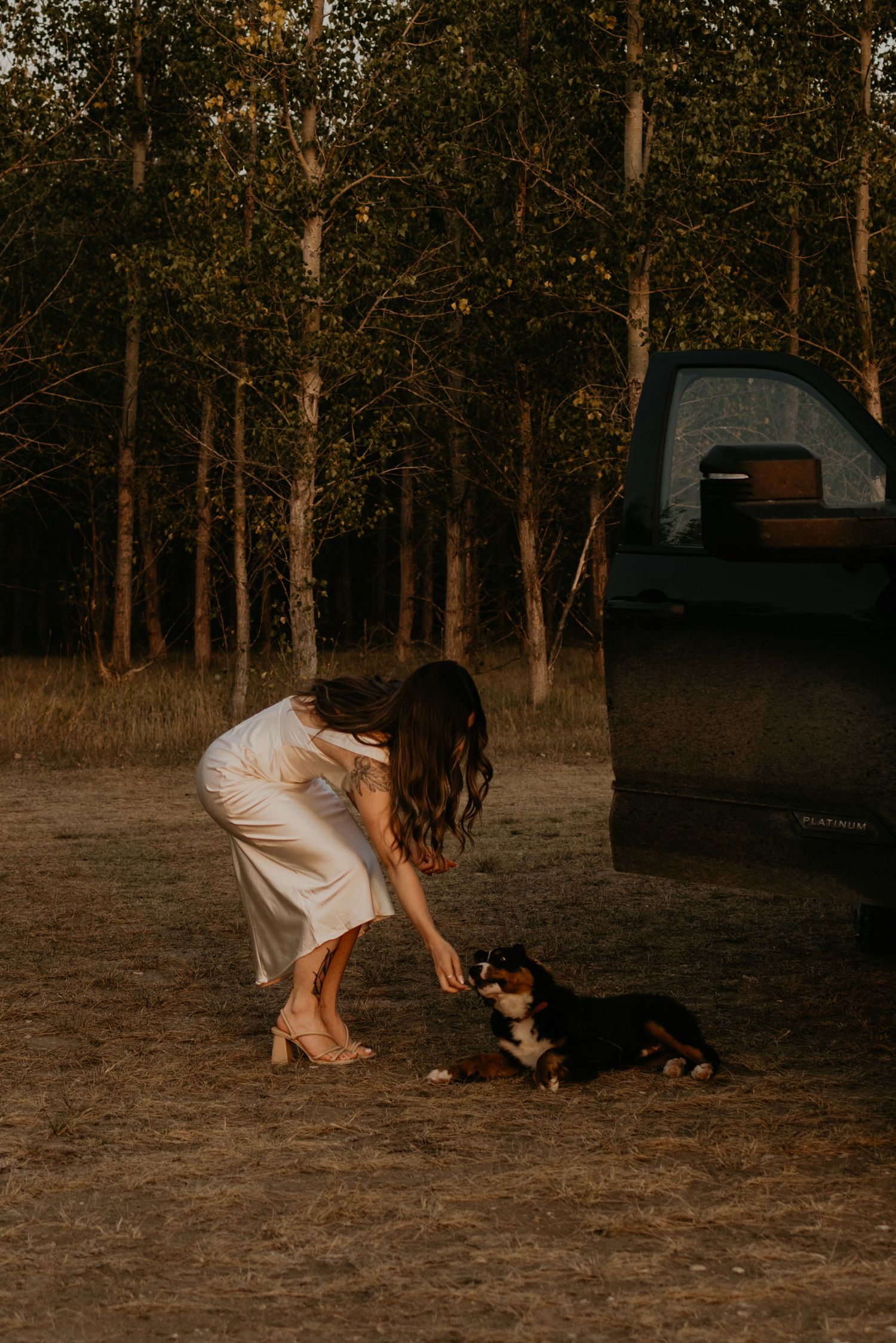 A pair of people in white outfits playing with their dog in a wooded area during golden hour.