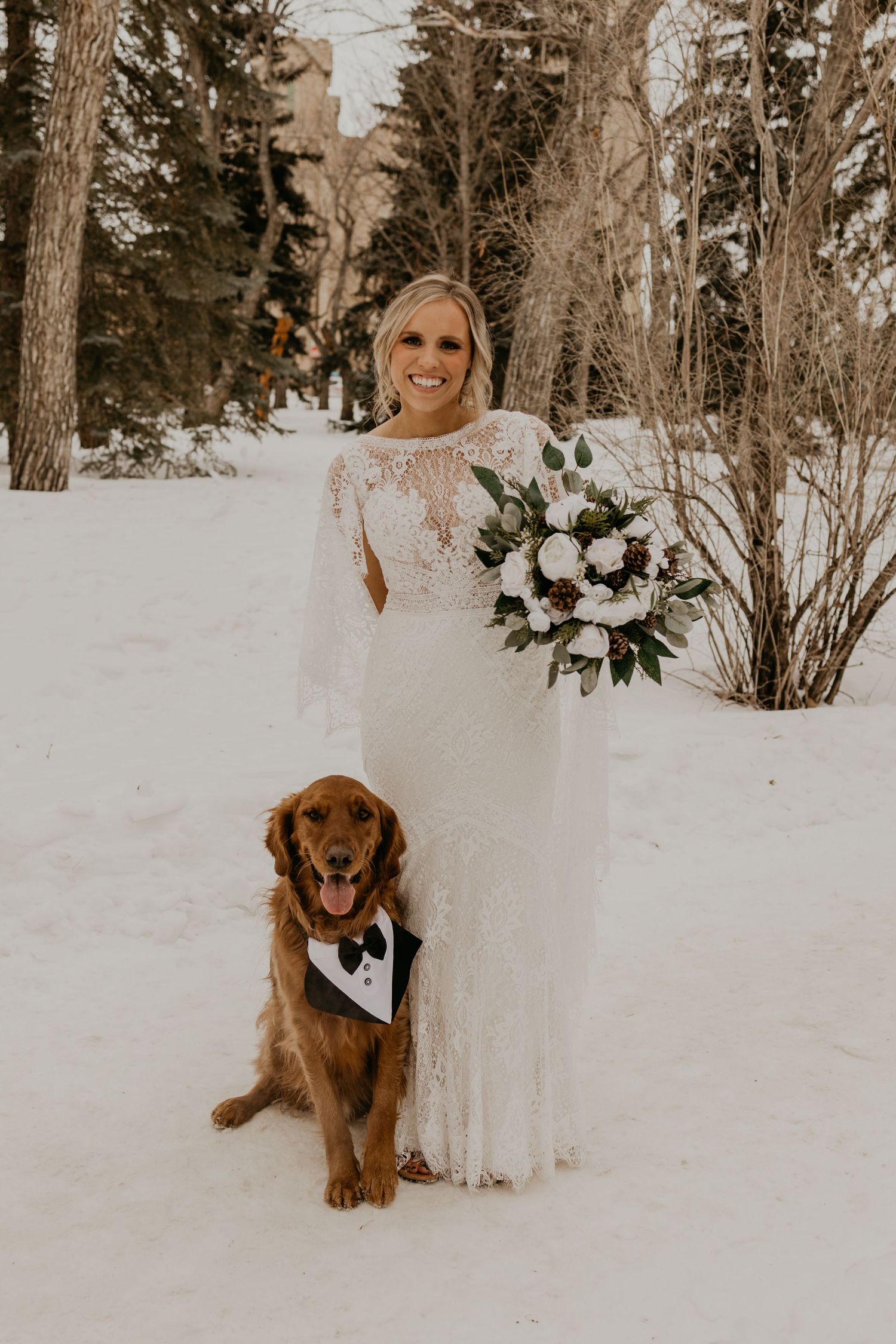 Bride in lace gown poses with dog wearing bow tie in snowy winter setting.