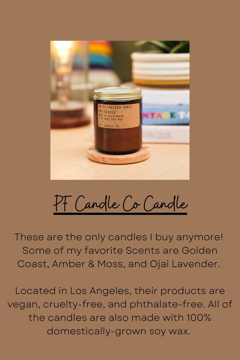 P.F. Candle Co soy candle on wooden coaster with warm ambient lighting.