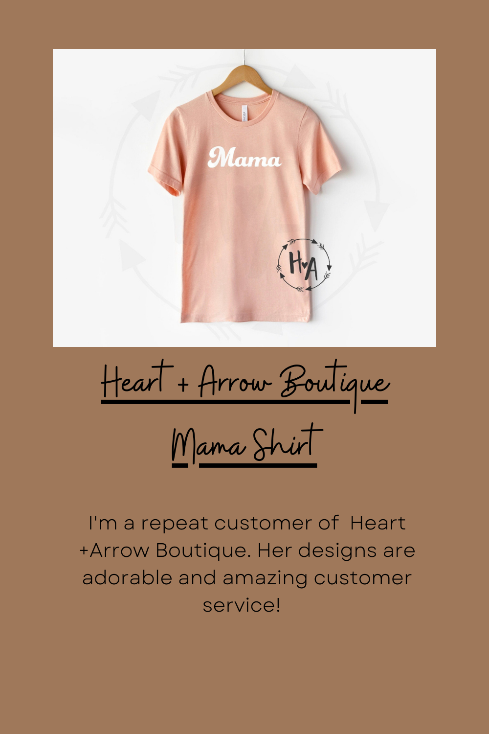 Peach colored t-shirt with 'Mama' text from Heart + Arrow Boutique against white background.