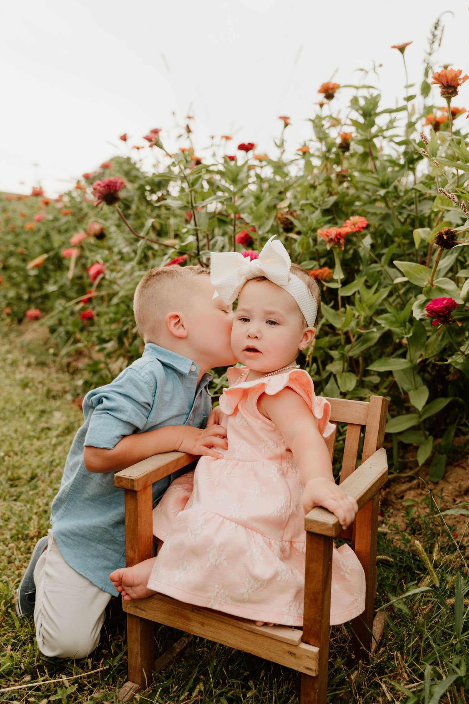 A young boy in a blue shirt kisses a baby girl in a pink dress sitting in a wooden chair among colorful flowers.
