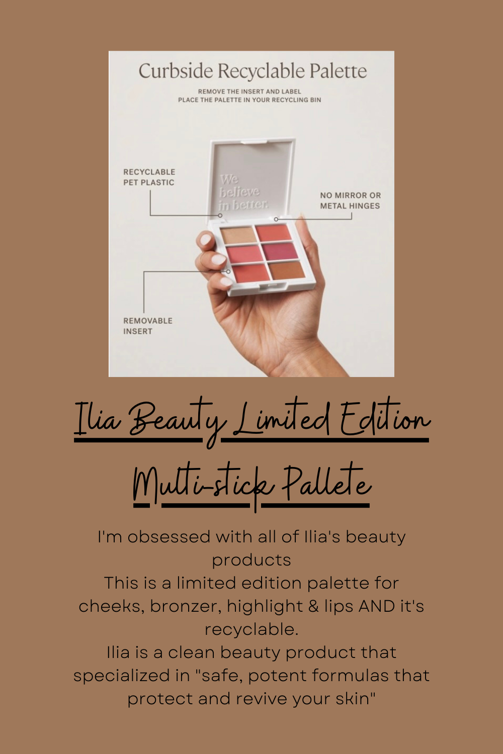 Recyclable multi-stick makeup palette from Ilia Beauty showing pink and coral shades.