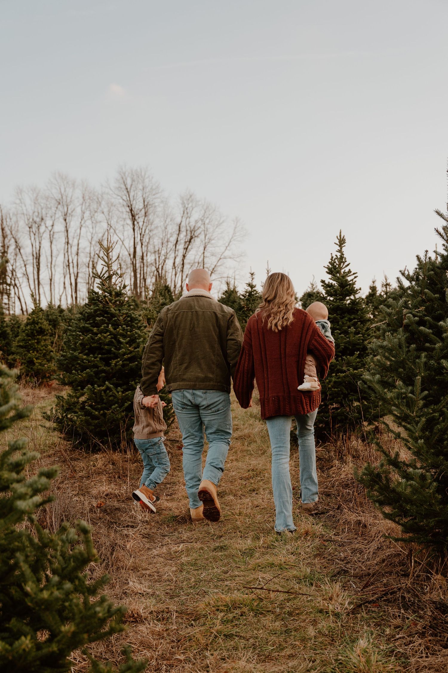 A couple walks hand in hand through a Christmas tree farm on an overcast day, surrounded by evergreen trees.