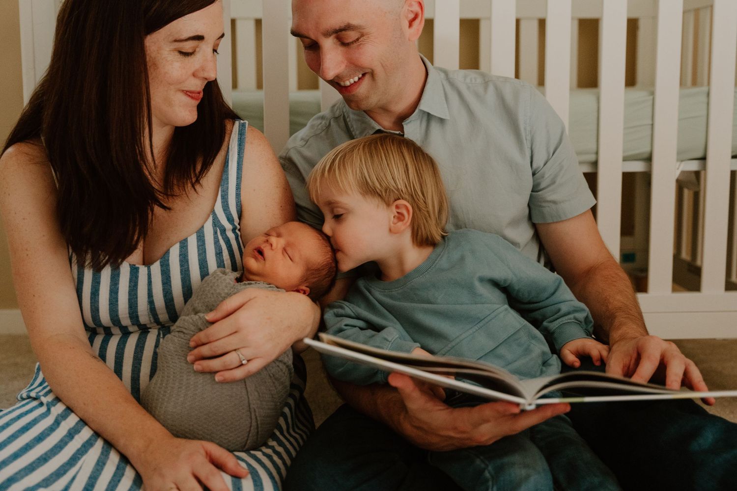 A family shares tender moments while reading together in a series of connected photos.