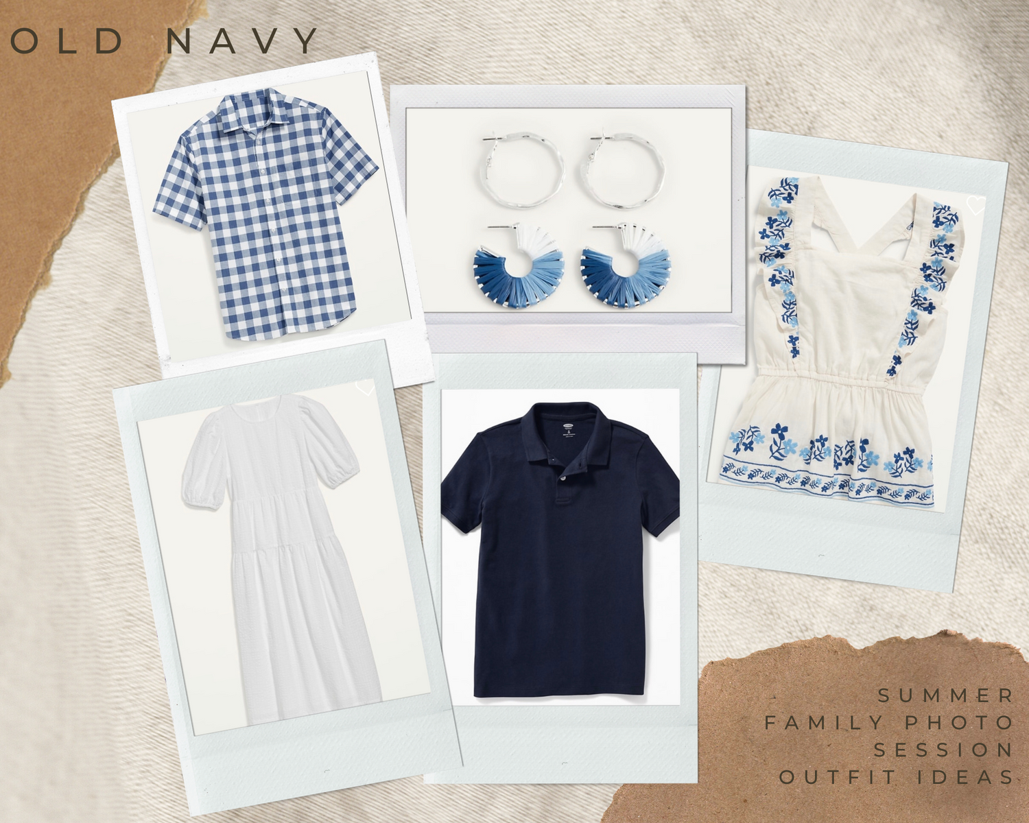 Old Navy summer collection featuring blue and white clothing and accessories on neutral background.