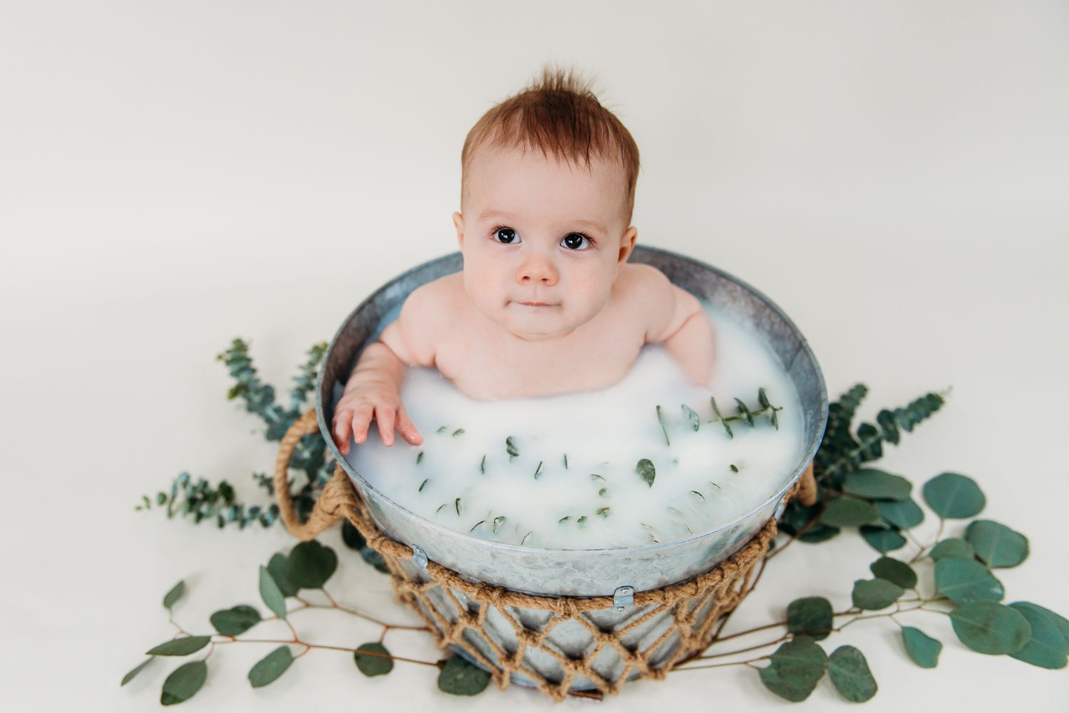 Baby sitting in decorated basket with eucalyptus and floral arrangements.