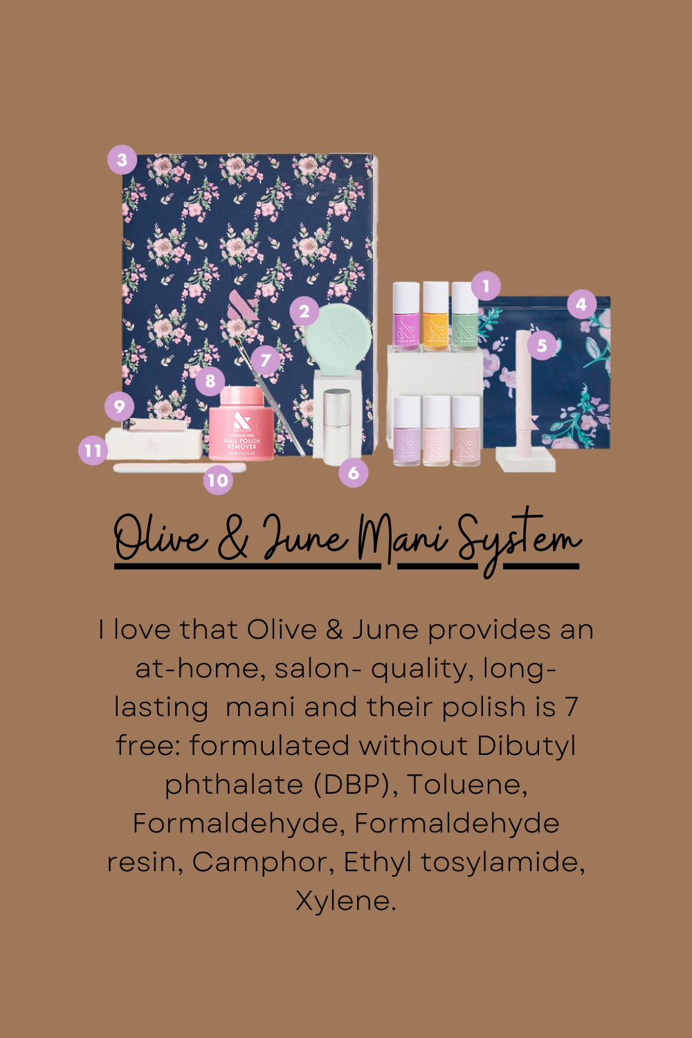 Collection of Olive & June nail care products with floral packaging displayed against brown background.