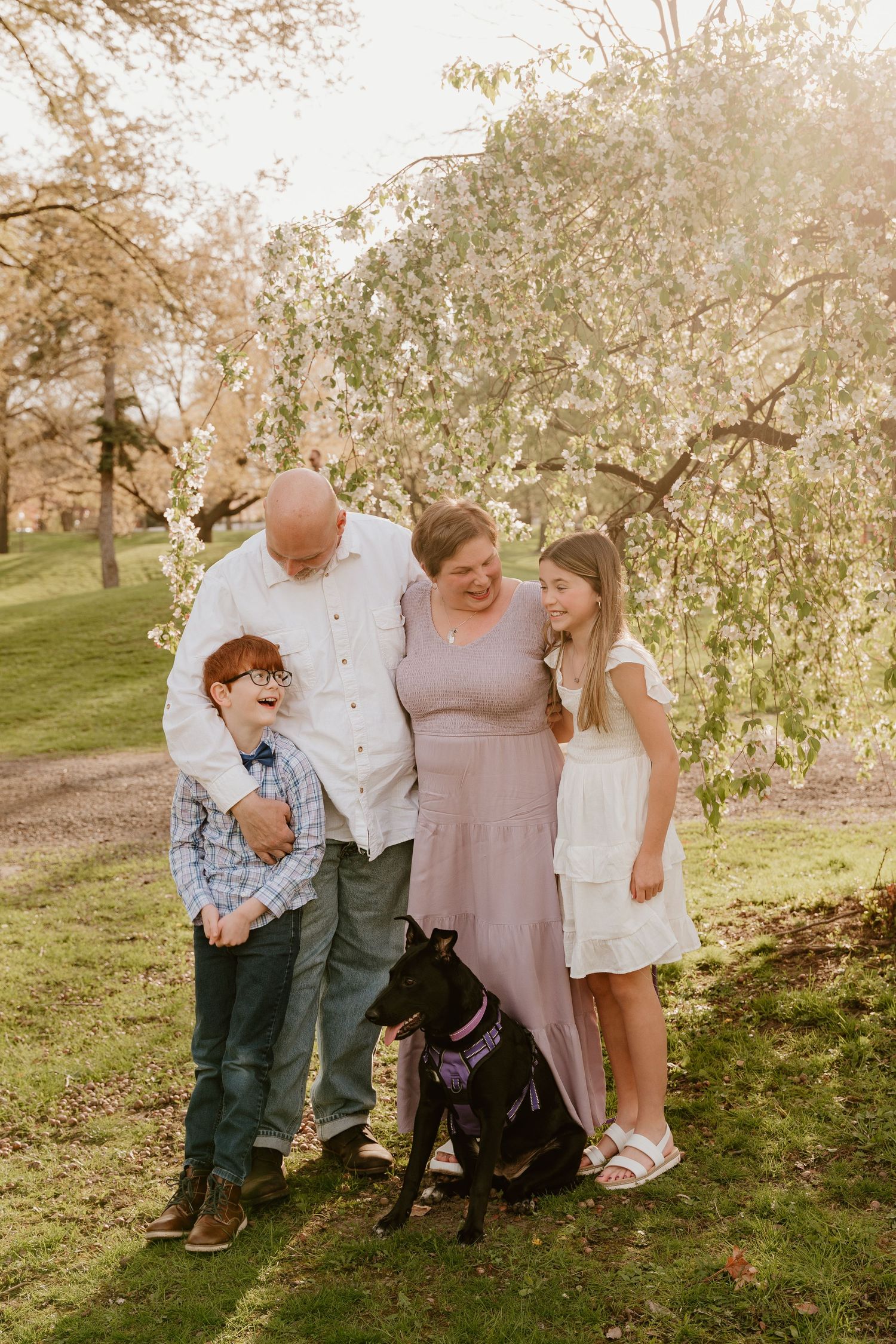A family shares candid moments together under blooming spring trees during a sunset photo session.