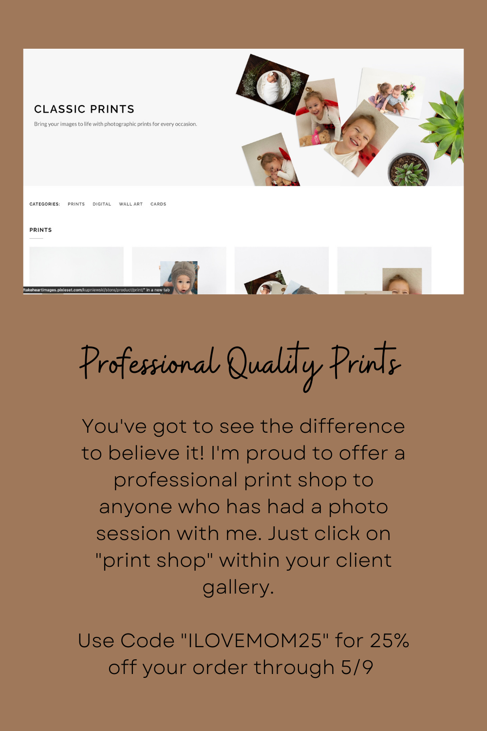 Professional photo print shop website mockup featuring classic prints and promotional discount code.