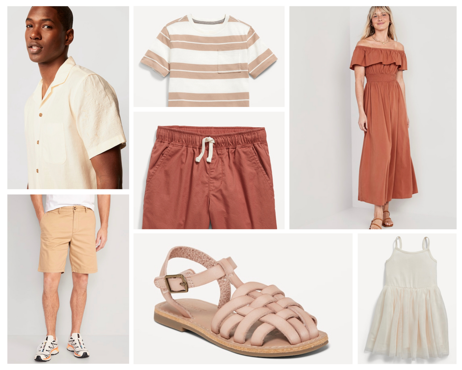 Fashion product collage featuring summer clothing in neutral and terracotta tones.