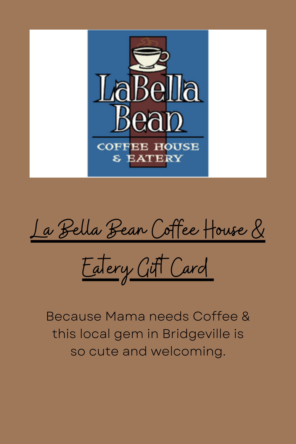 LaBella Bean Coffee House & Eatery blue logo sign featuring coffee cup illustration.
