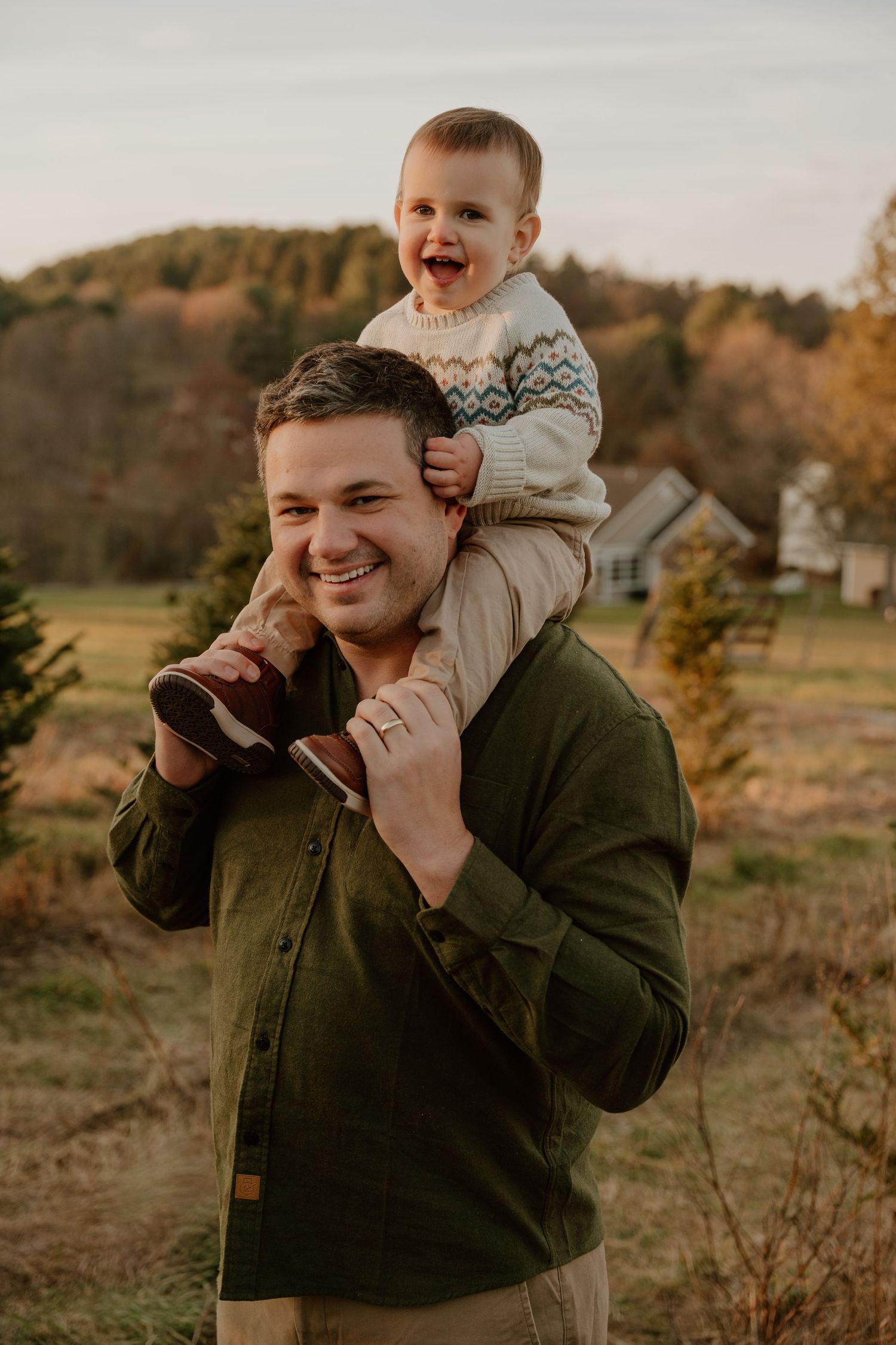 A series of four candid photos showing playful moments between parent and child outdoors during golden hour.