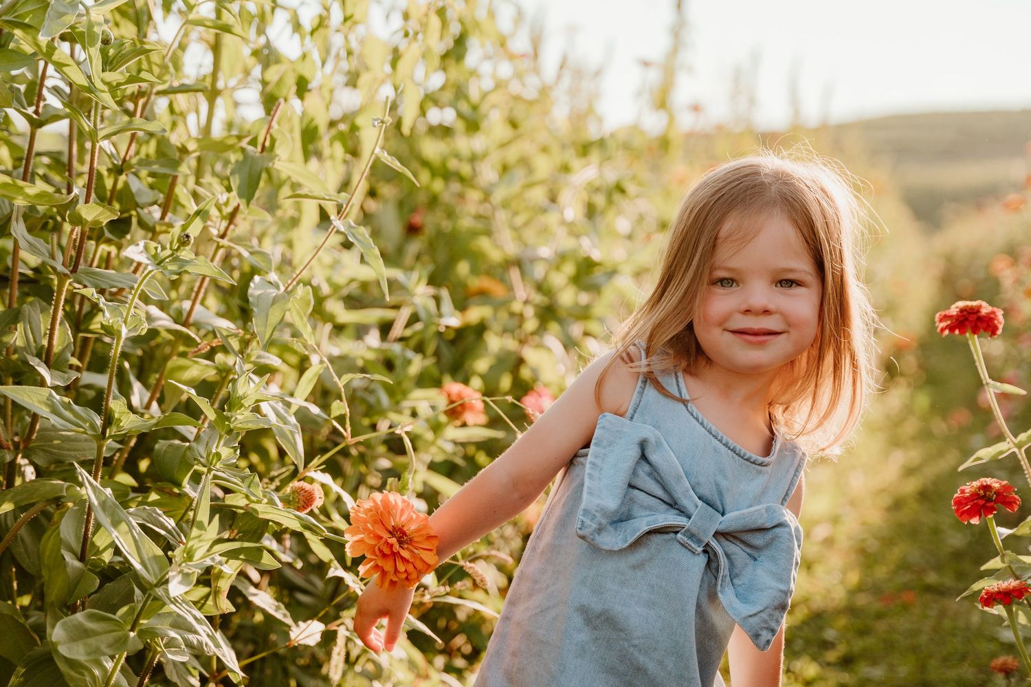 Young girl in blue dress smiling among colorful flowers in a sunny garden path.