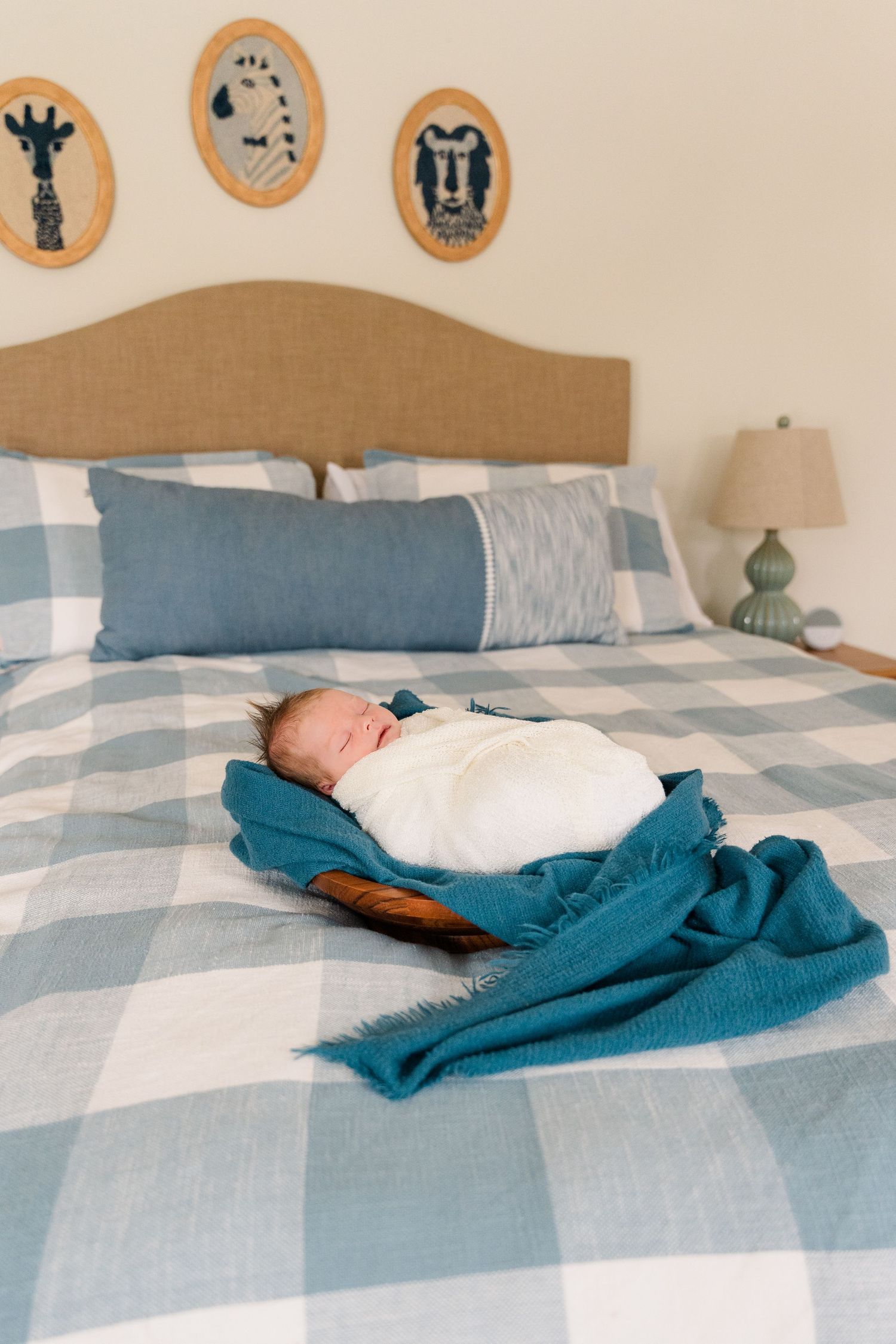 Swaddled newborn resting on plaid bedding with decorative wall art above.
