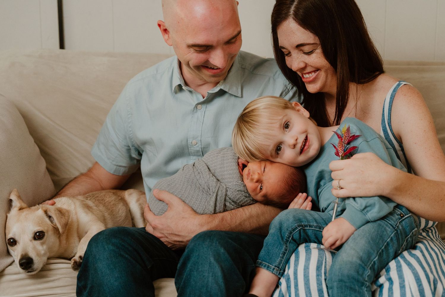 Family and dog relaxing together on a cozy gray couch during an intimate lifestyle photography session.