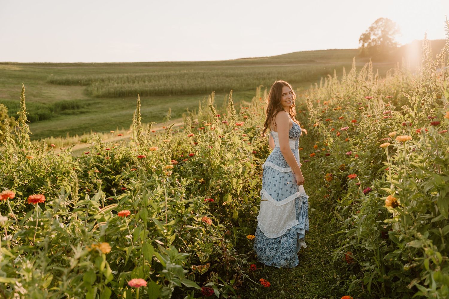 Woman in blue floral maxi dress standing in a sunlit flower field at golden hour.