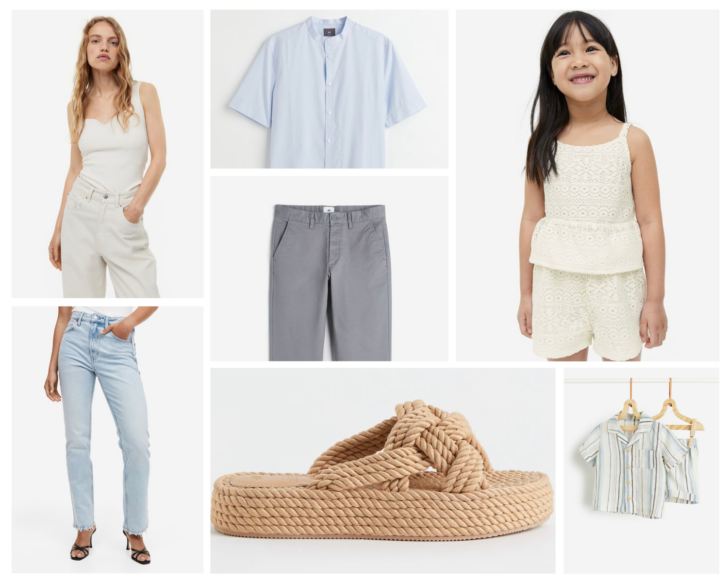 Summer fashion collection featuring light colored casual wear and accessories.