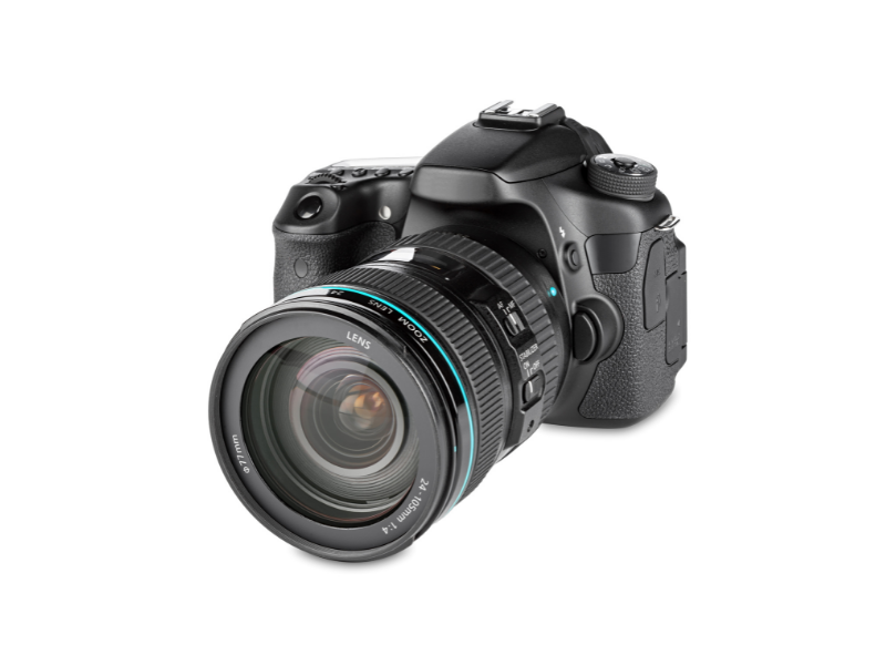 Professional DSLR camera with zoom lens isolated on white background.