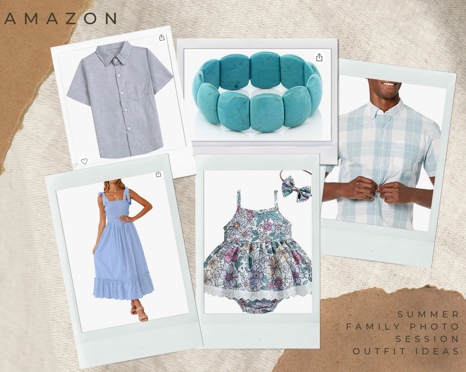 Amazon summer fashion items including clothing and turquoise accessories displayed on neutral background.