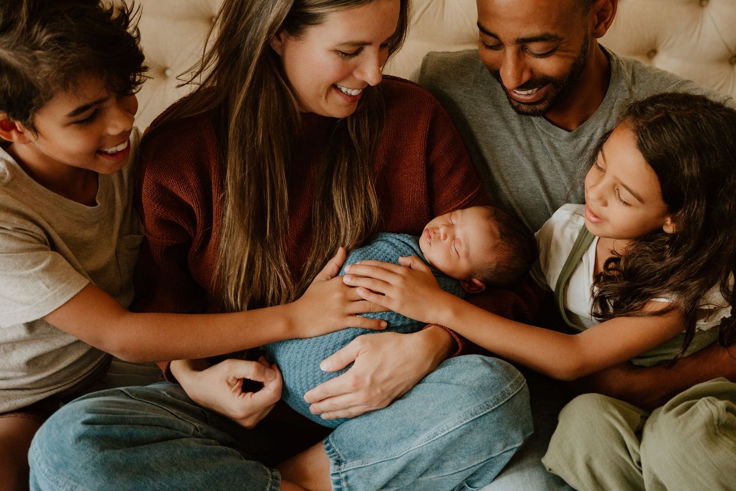 A warm family moment captured in a series of candid photographs showing connection and love at home.