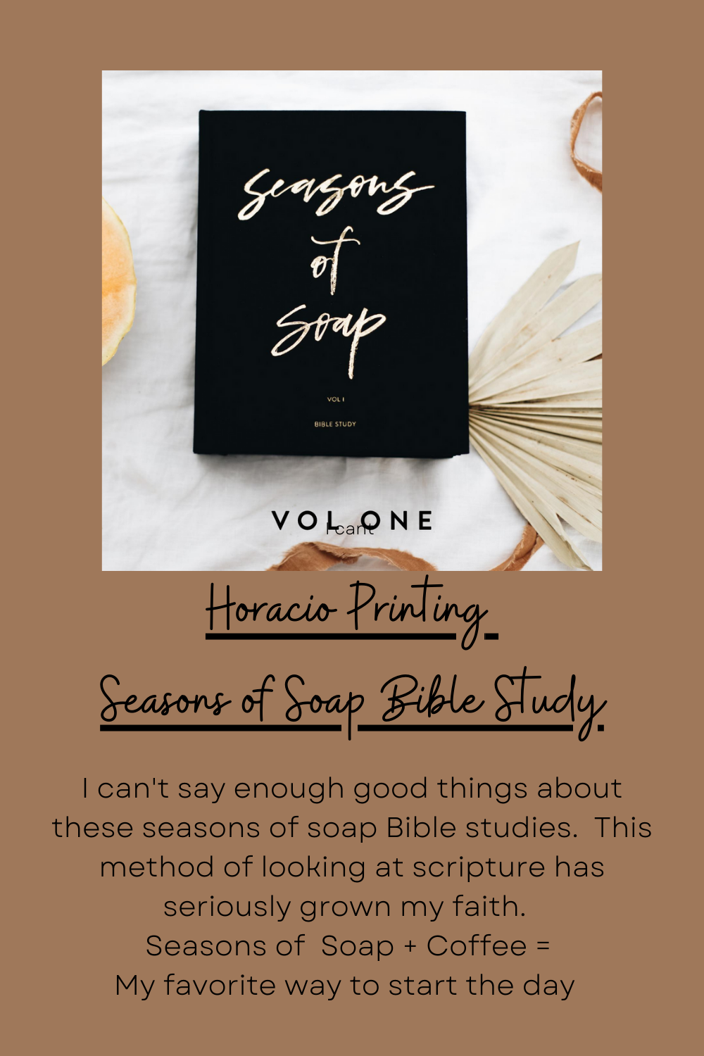 Black book titled 'Seasons of Soap' displayed with dried palm leaf on white surface for Bible study.