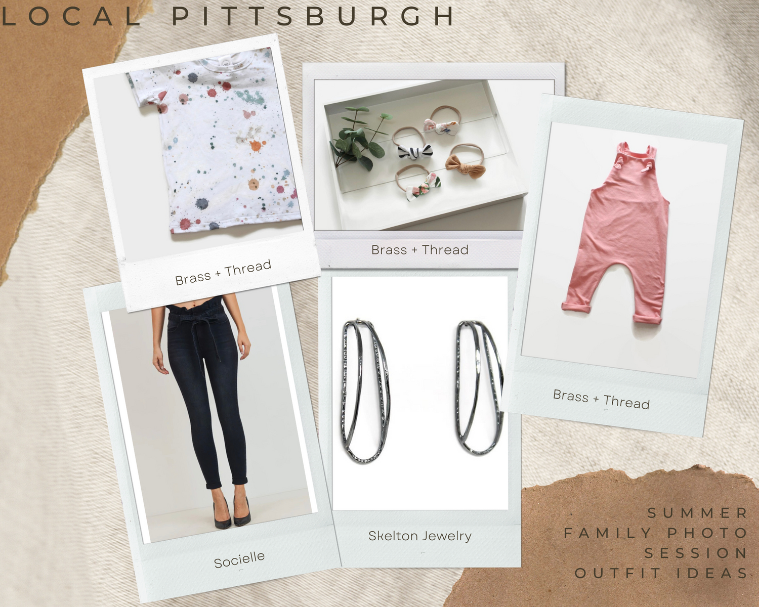 Local Pittsburgh fashion items including floral prints, jewelry, and casual wear on beige background.