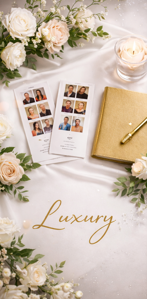 Luxury photo booth prints displayed with roses, candles and gold accents on white fabric.