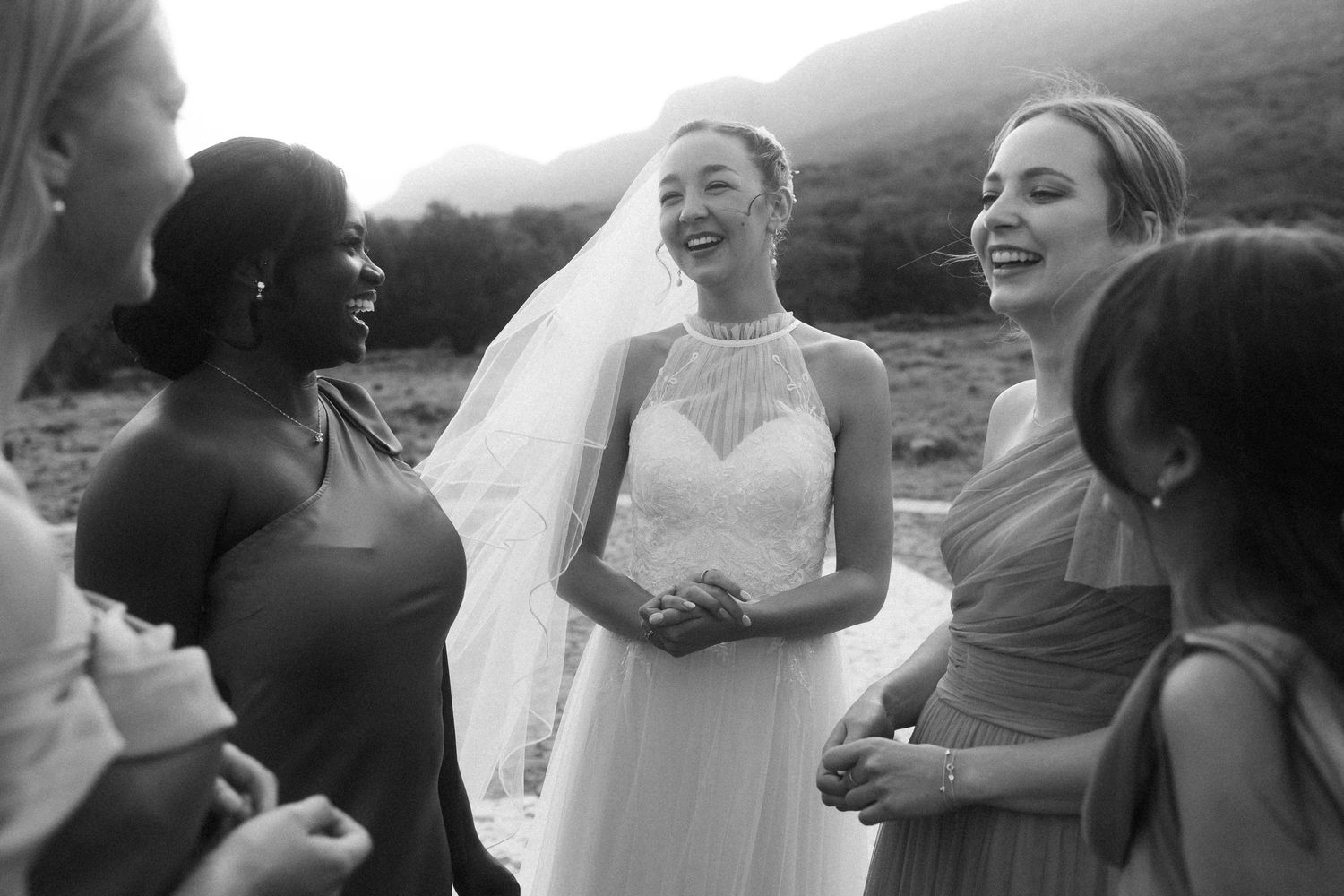 Bride and bridesmaids outdoors at a Garden Route wedding in the Garden Route
