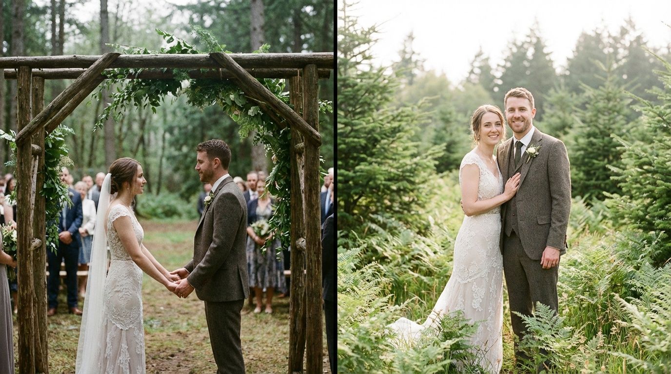 Bride and groom exchange vows under rustic wooden arch in forest wedding ceremony, then pose together among evergreen trees.