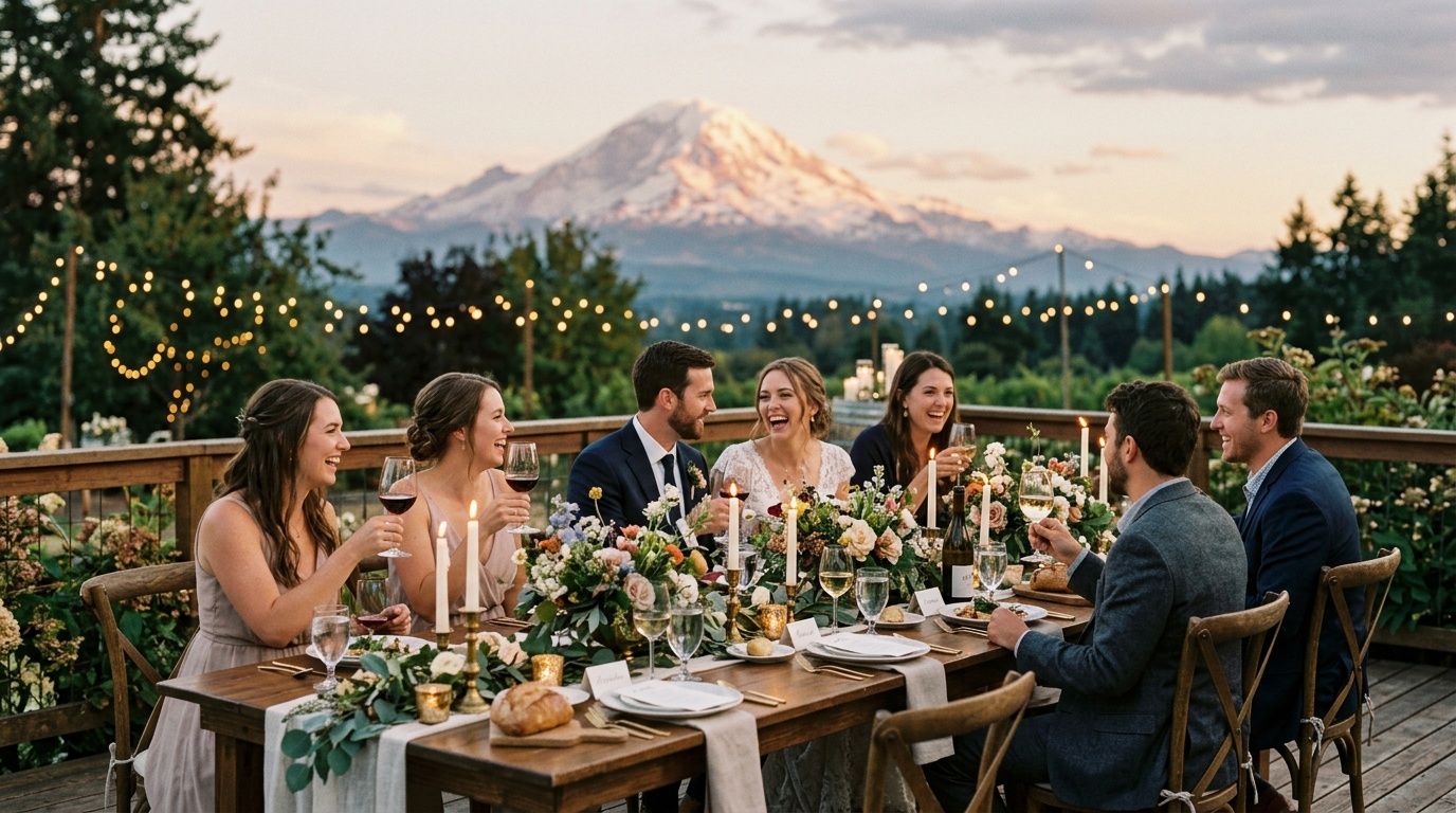 Elegant outdoor wedding dinner party on a deck with Mount Rainier backdrop, string lights, and floral centerpieces.