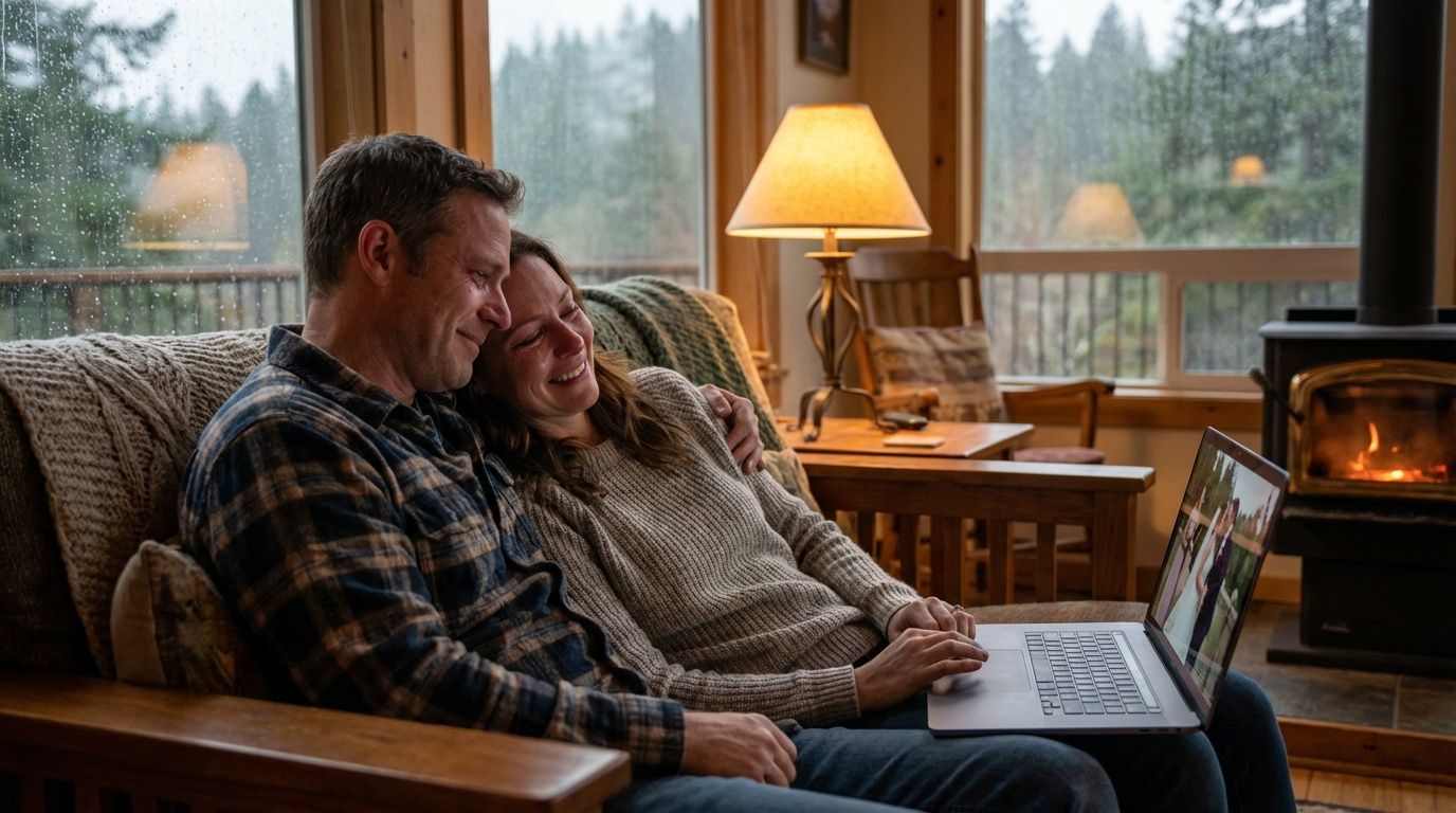 Couple relaxing together on couch with laptop by fireplace in cozy cabin living room with forest view.