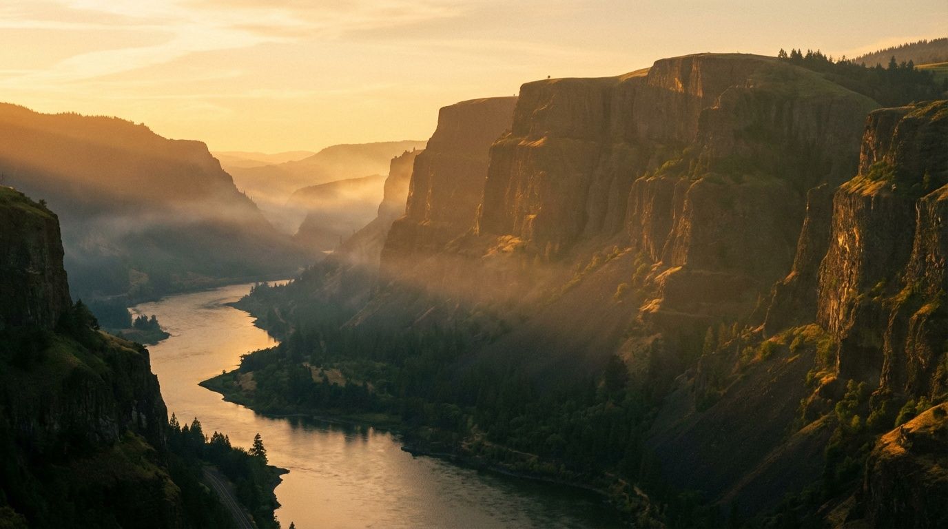 Golden sunset illuminates a dramatic river canyon with towering cliffs and misty valleys in a breathtaking landscape.