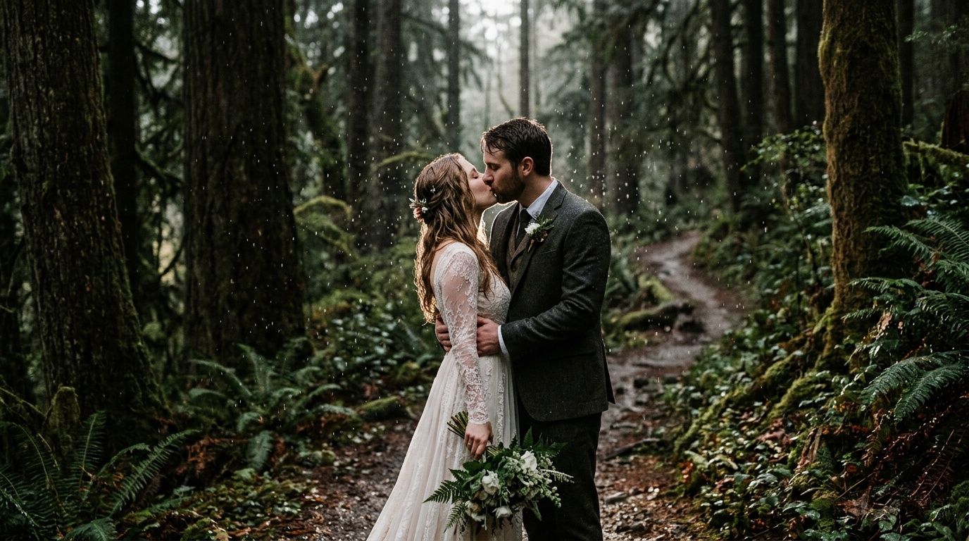A bride and groom share a romantic kiss surrounded by lush green forest trees on their wedding day.