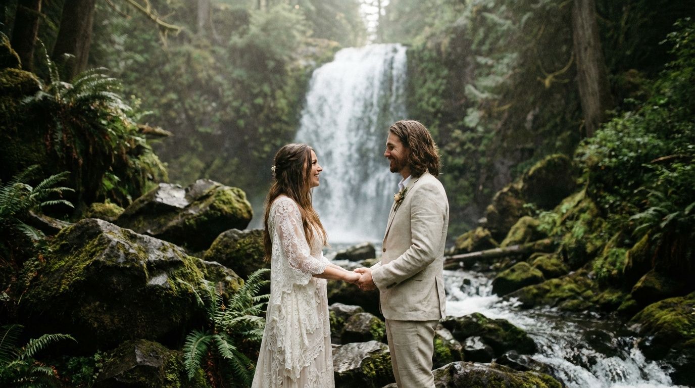 Couple holds hands during romantic waterfall elopement ceremony in lush green forest setting.