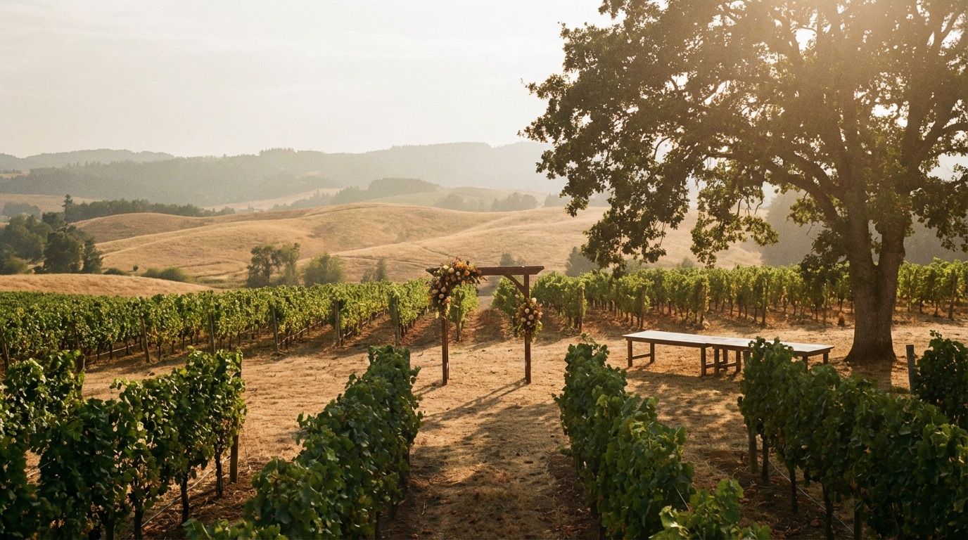 Scenic vineyard rows with oak tree, wooden bench, and rolling golden hills at sunset in wine country.