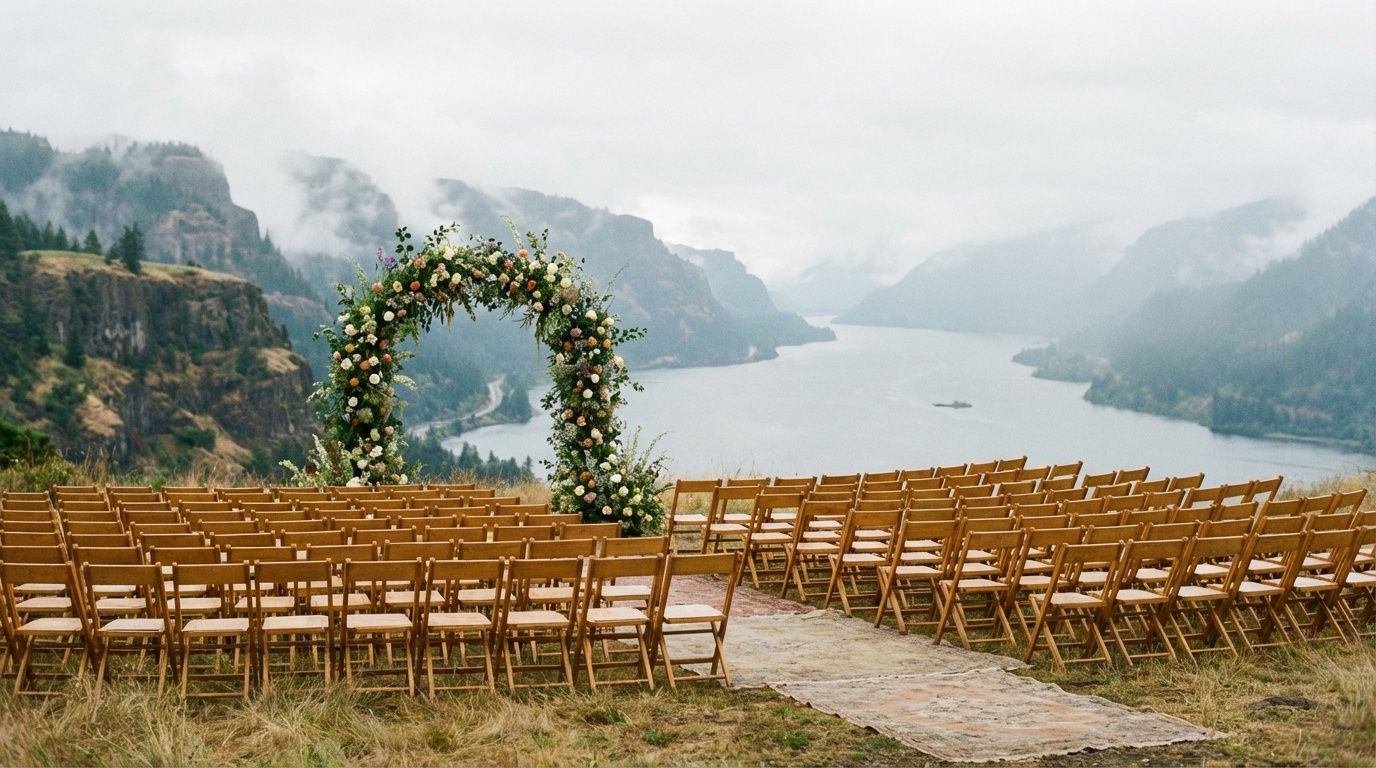 Outdoor wedding ceremony setup with floral arch, wooden chairs, and stunning river valley views amid misty mountains.