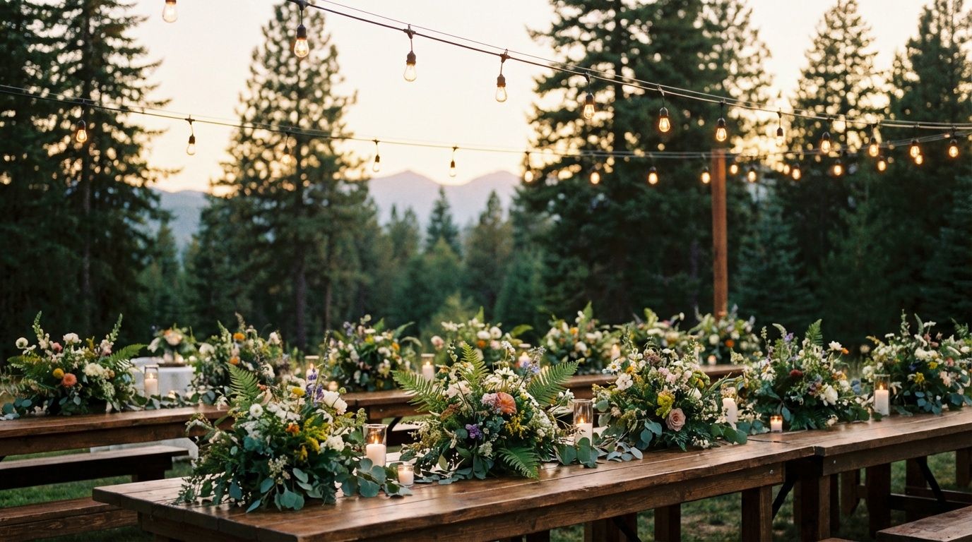 Rustic outdoor wedding reception with long wooden tables, lush floral centerpieces, string lights, and tall pine trees at dusk.
