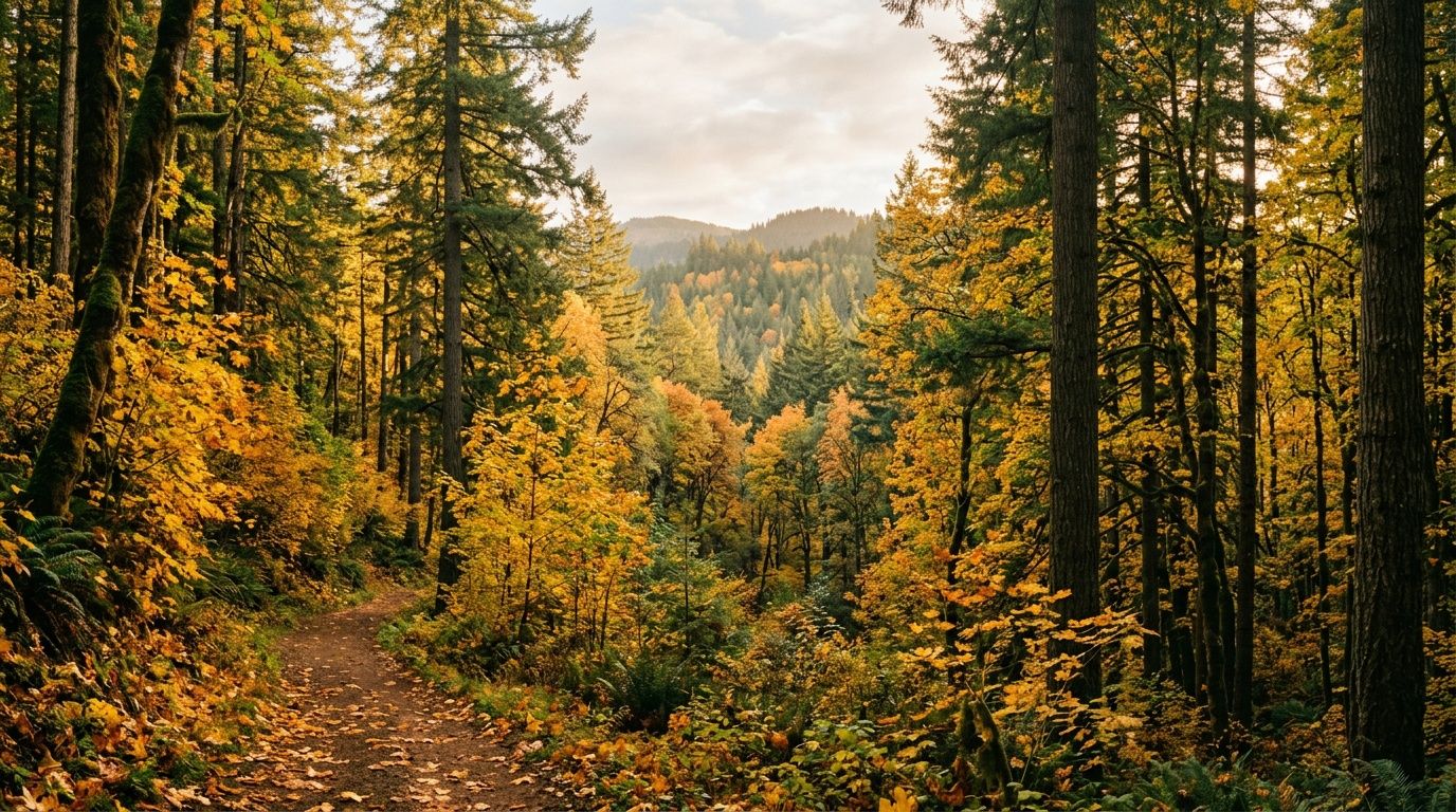 A scenic autumn forest trail winds through tall evergreen and golden-leaved trees with misty mountains visible in the background.