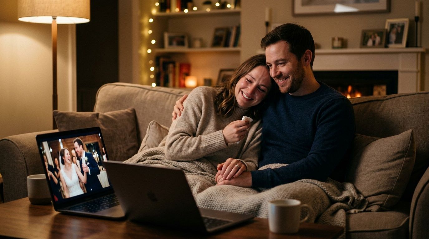 Couple relaxing on couch watching wedding video on laptop in cozy living room with warm lighting.