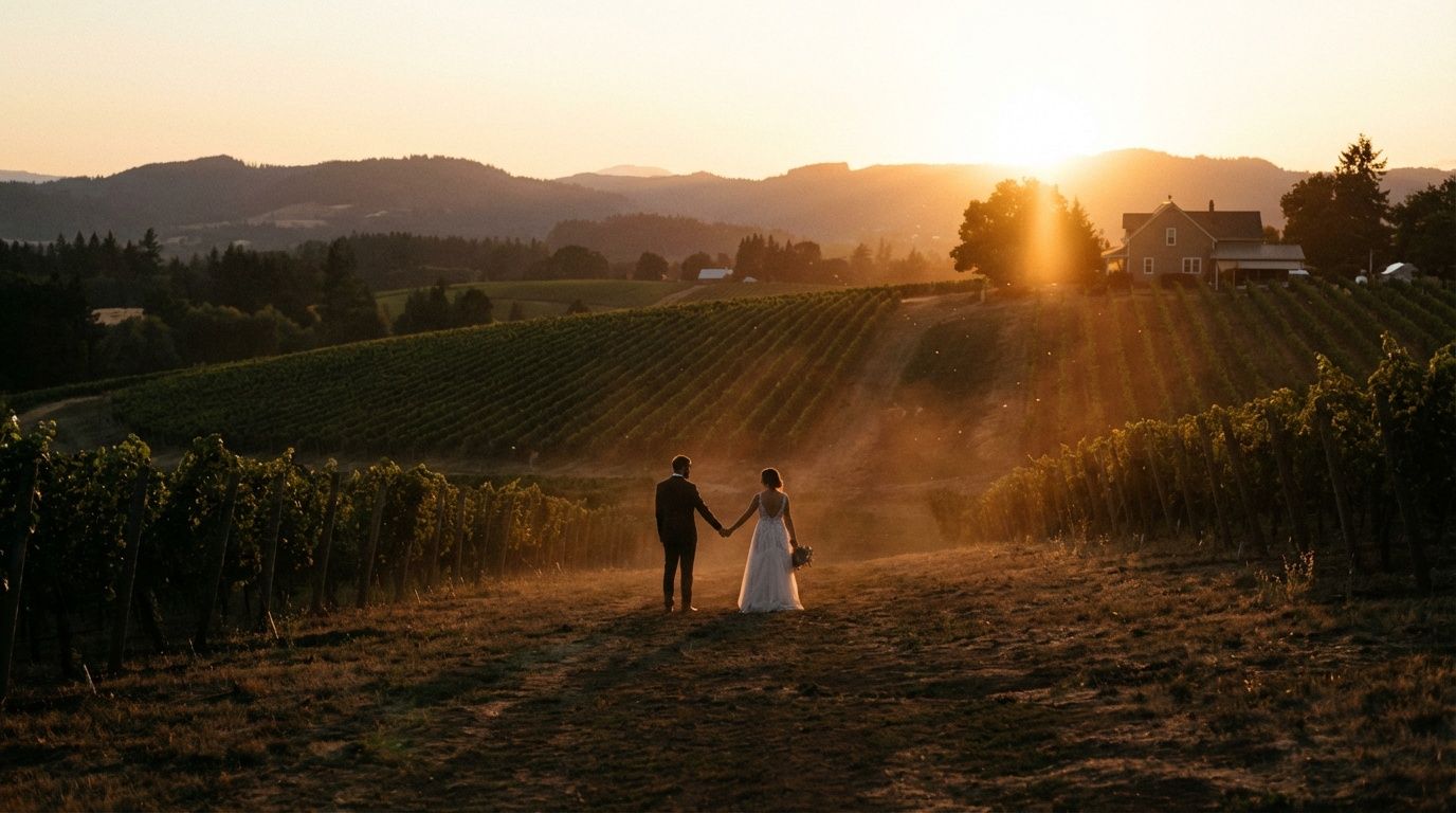 Couple holding hands at sunset in a vineyard with golden light rays and rolling hills in the background.