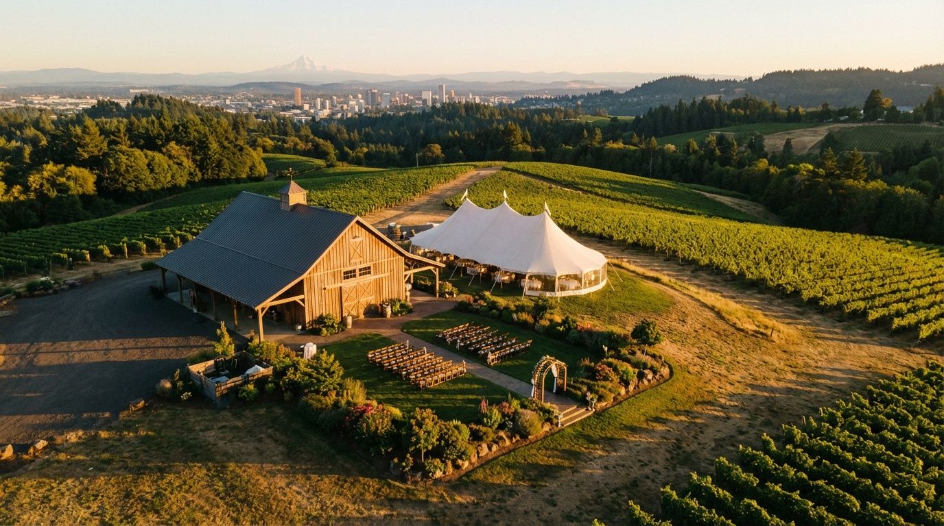 Aerial view of a vineyard winery with barn and white tent venue, overlooking a scenic valley and city skyline.
