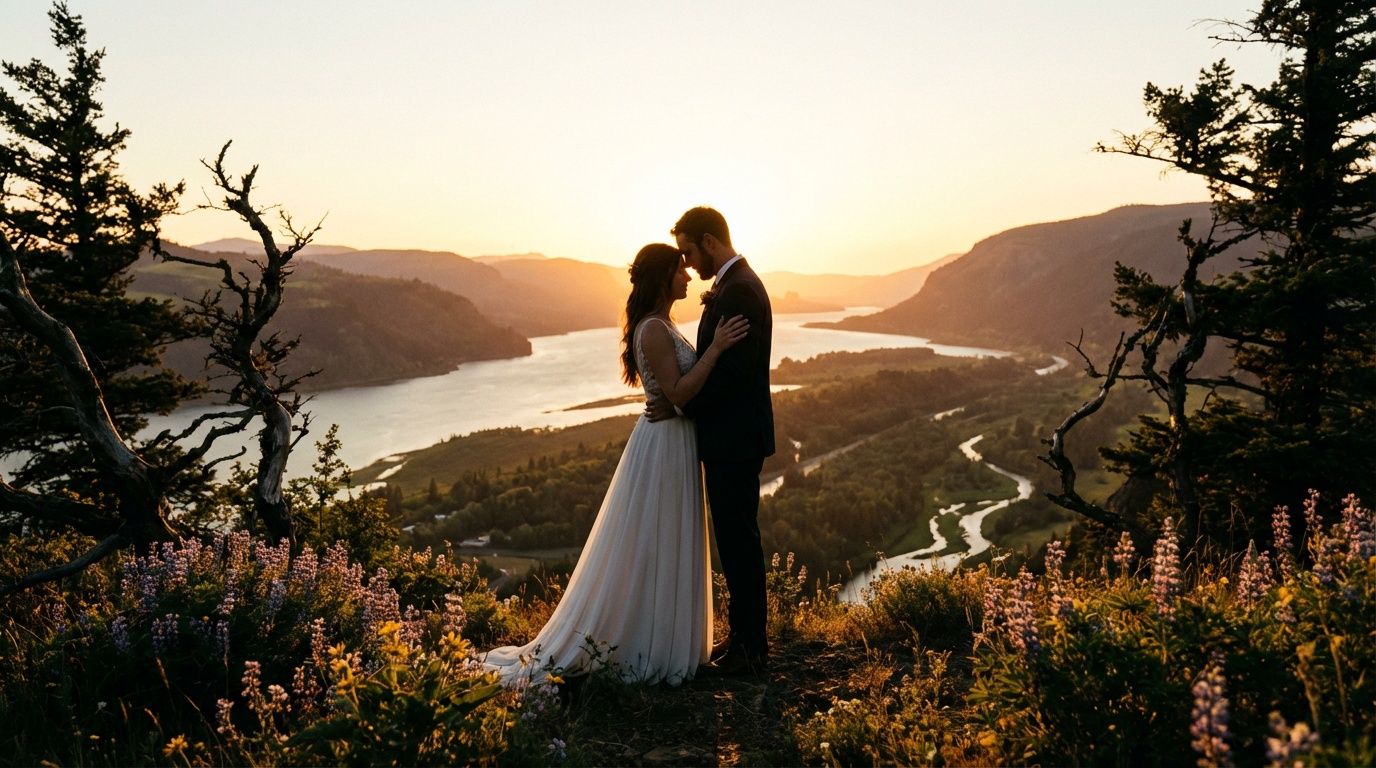 Couple embracing at sunset on a mountain overlook with wildflowers, river valley, and golden light in the background.