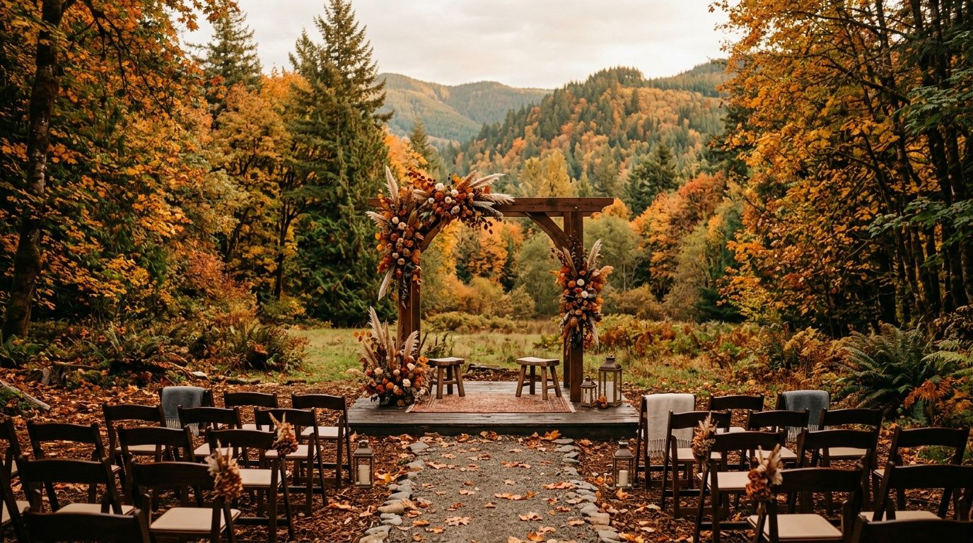 Autumn outdoor wedding ceremony setup with wooden arch, floral decor, and chairs amid vibrant fall foliage and mountain backdrop.