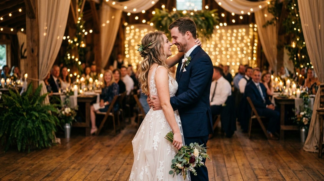 Bride and groom share first dance in romantic barn wedding venue with string lights and candles.