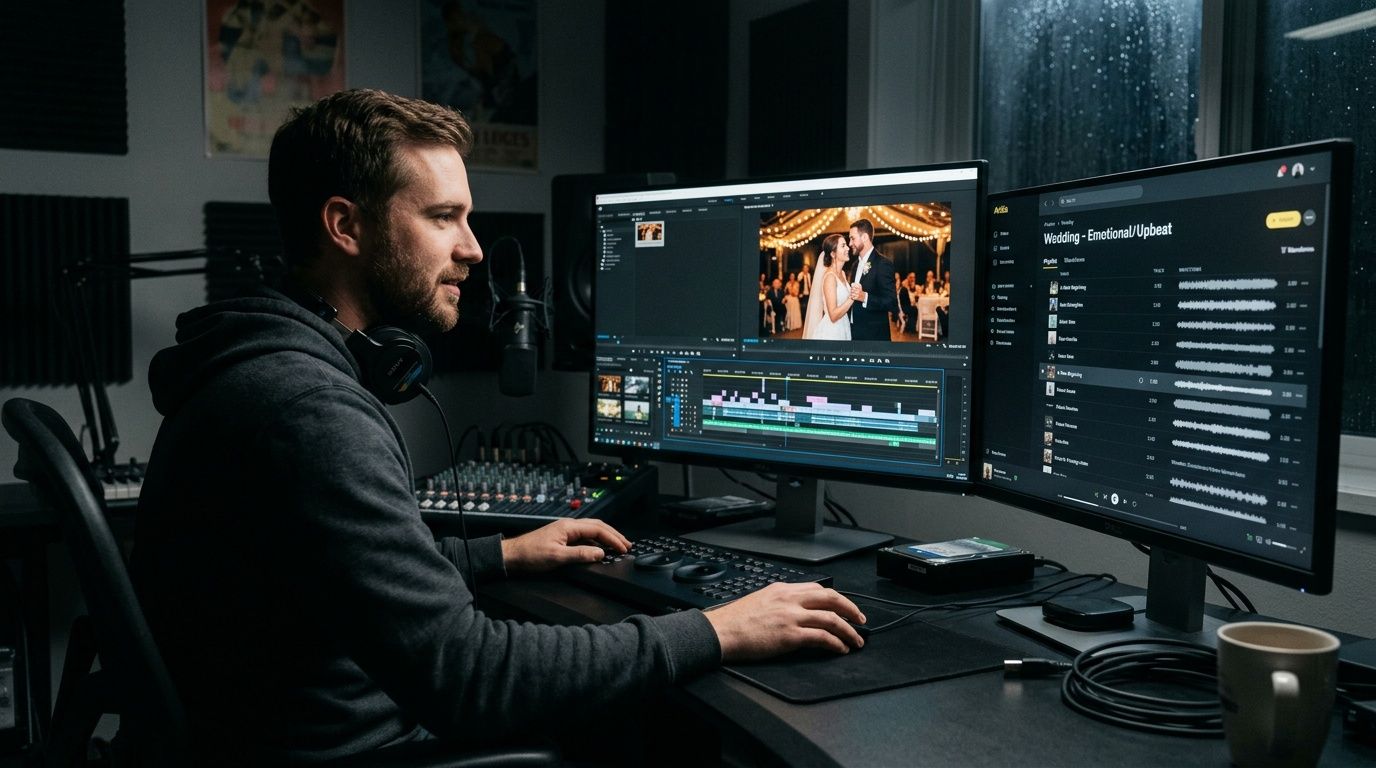 Video editor working on wedding footage using dual monitors in a dark professional editing studio.